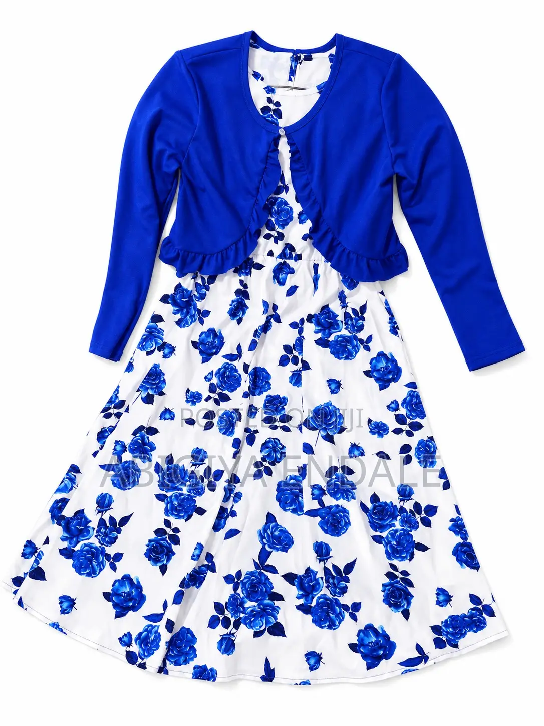 Kids Royal Blue Floral Party Dress With Matching Long Sleeve Bolero