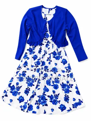 Kids Royal Blue Floral Party Dress With Matching Long Sleeve Bolero