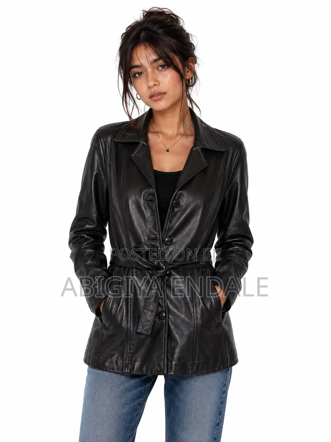 Classic Women's Black Leather Long Jacket