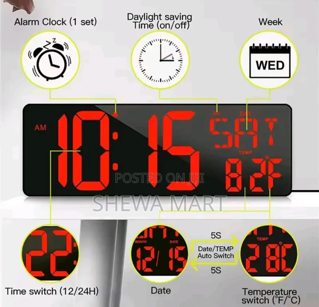 Digital Wall Clock With Time, Date, Temperature, Day Display, Timer,12