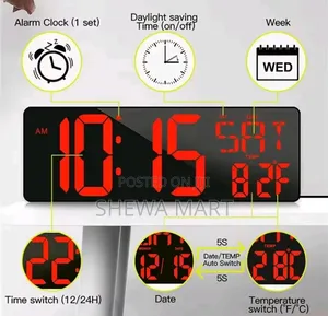 Digital Wall Clock With Time, Date, Temperature, Day Display, Timer,12