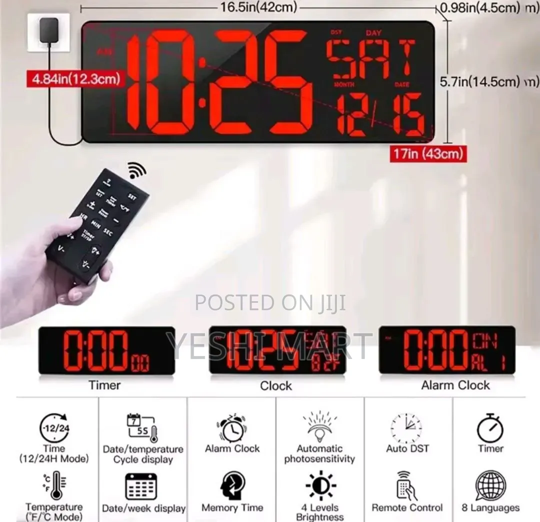 Digital Wall Clock With Time, Date, Temperature, Day Display, Timer,12