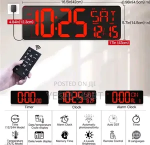Digital Wall Clock With Time, Date, Temperature, Day Display, Timer,12