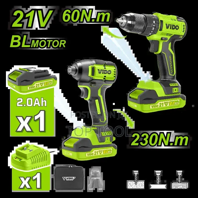 ፡Vido 21v Brushless Combo Set በአብዛኛው የሚያካትተው ኮርድሌስ ድሪል (Cordless Drill