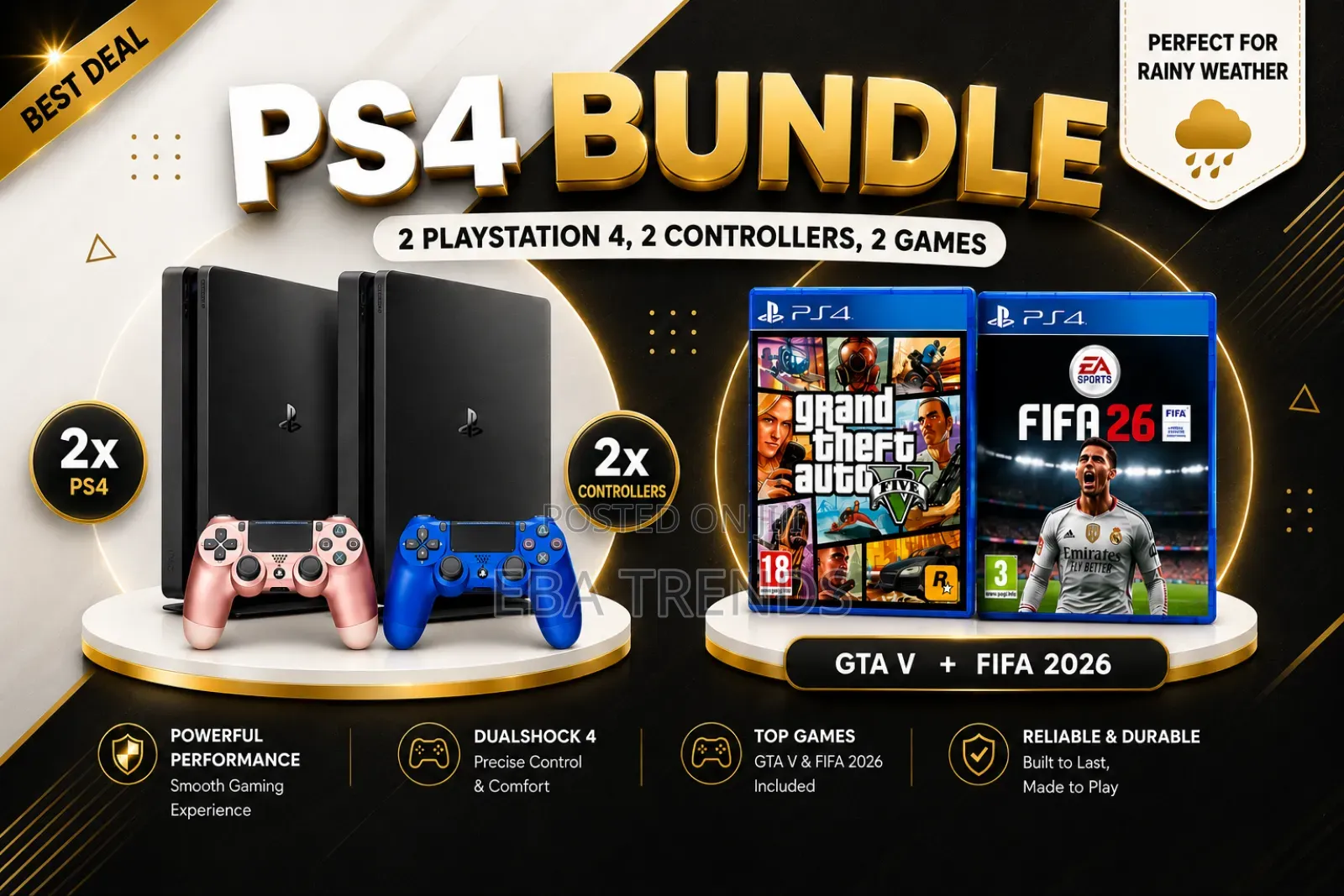  Playstation 4 (Ps4) Bundle – 2 Controllers + Gta v + Fifa 26