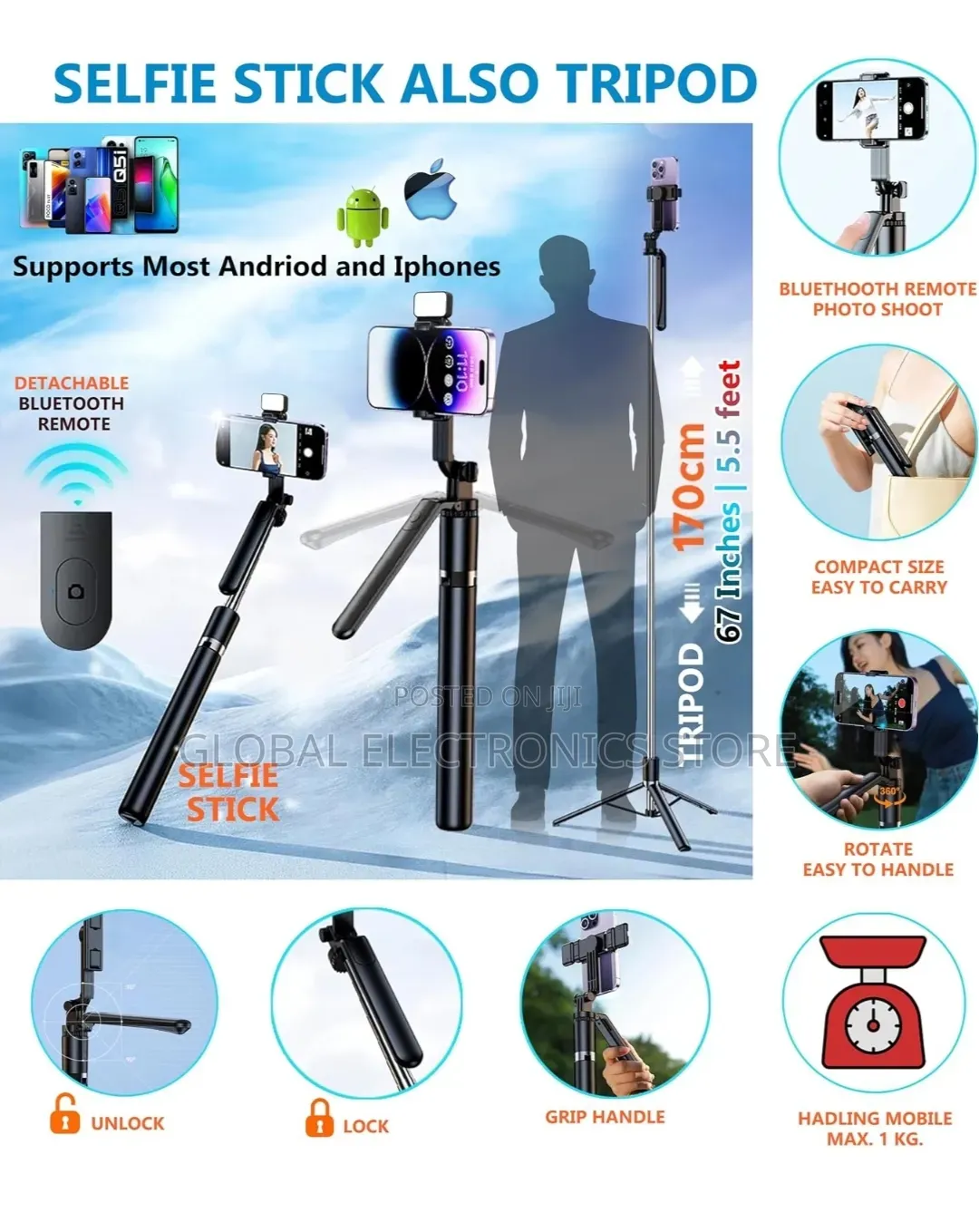 Smart Selfie Stick Tripod | Stable Stand|Bluetooth Remote Control