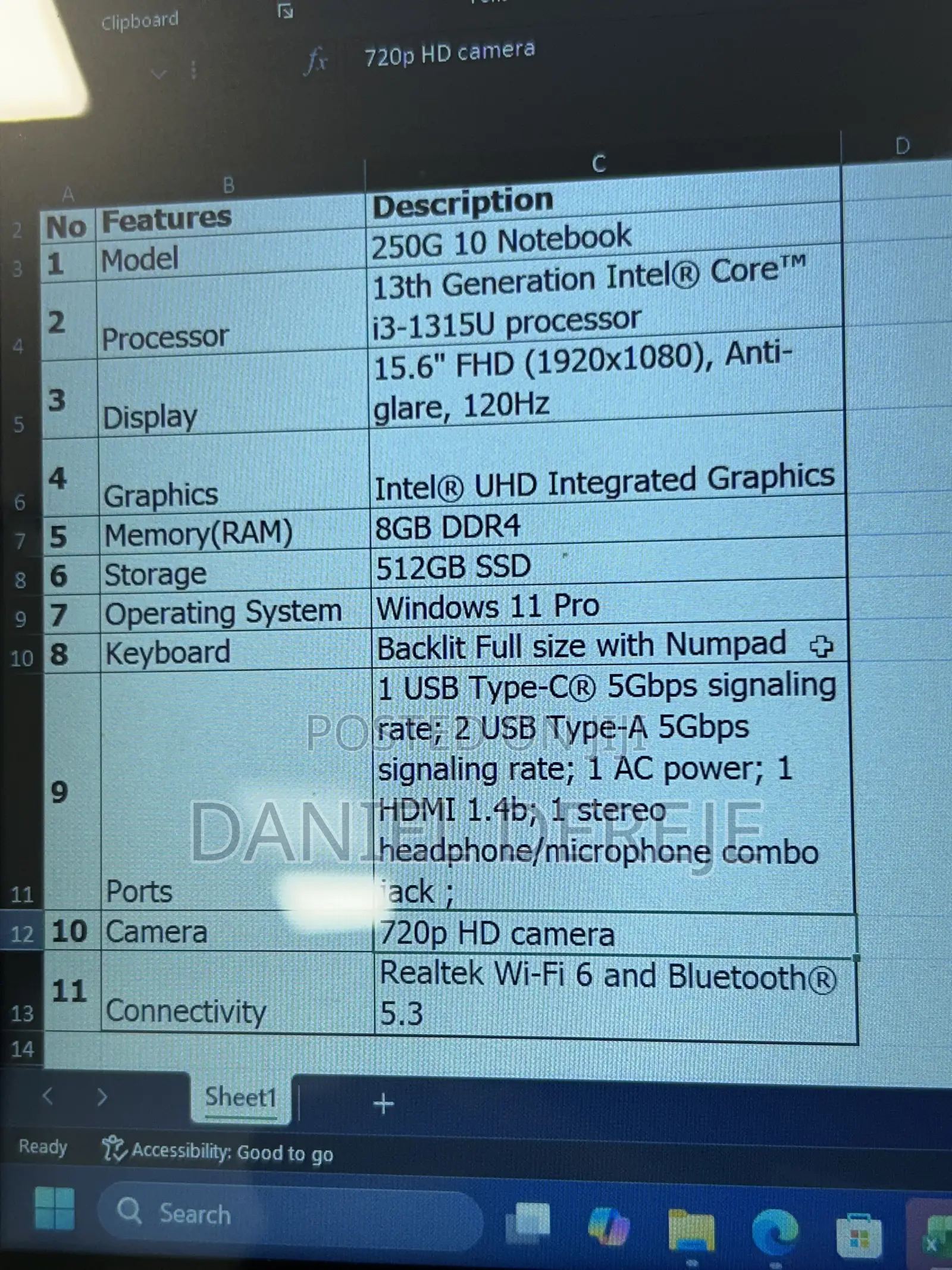 New Laptop HP 250 G10 8GB Intel Core i3 SSD 512GB