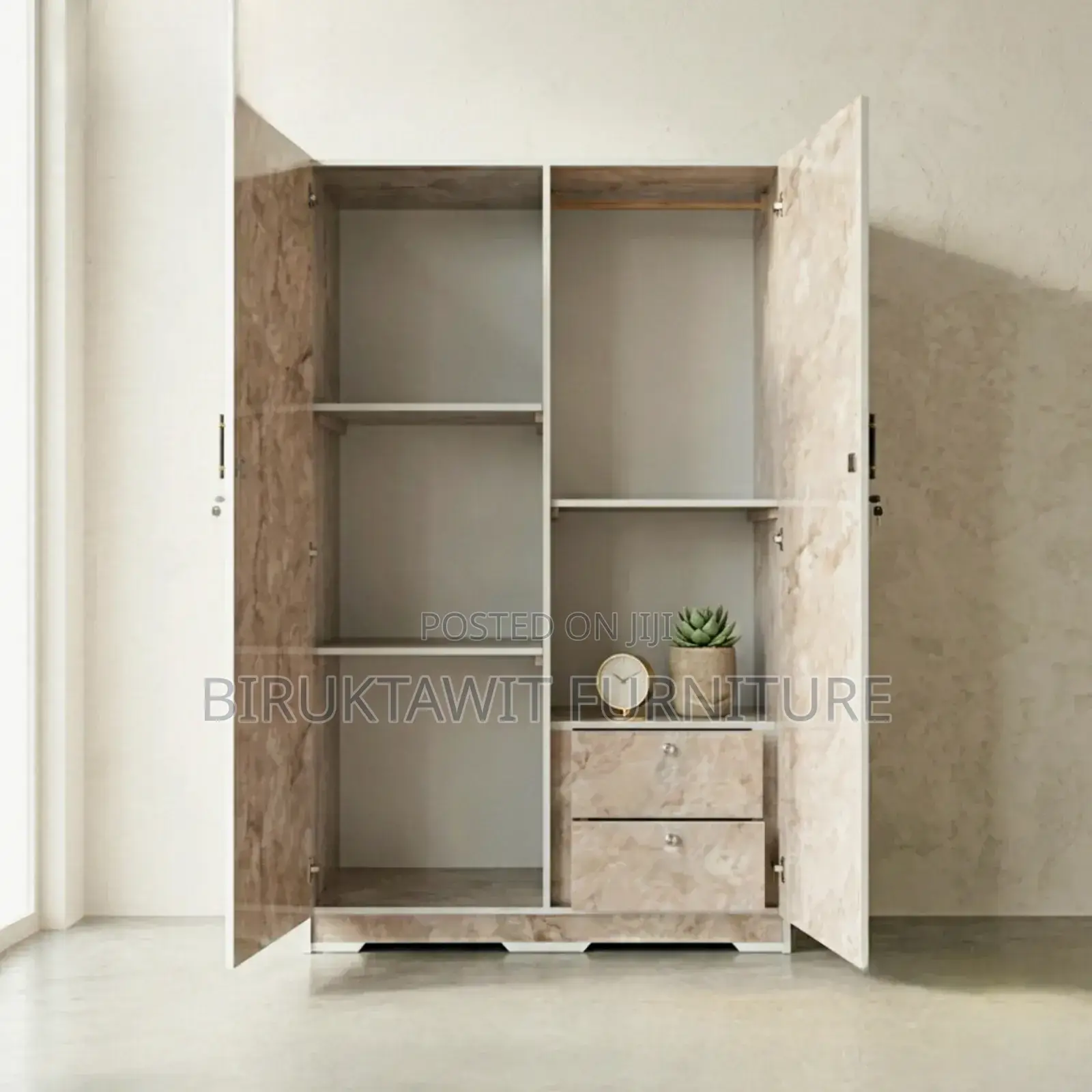 Modern 2 Door Wardrobe With Marble Design -