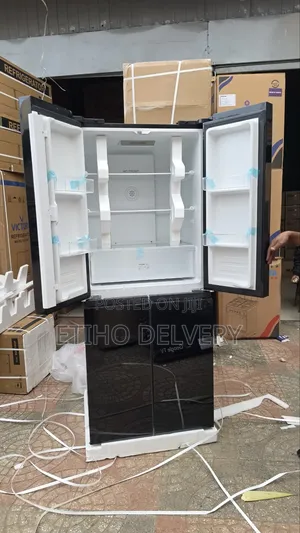 This Refrigerator Is a Black Four-Door French Door Model With