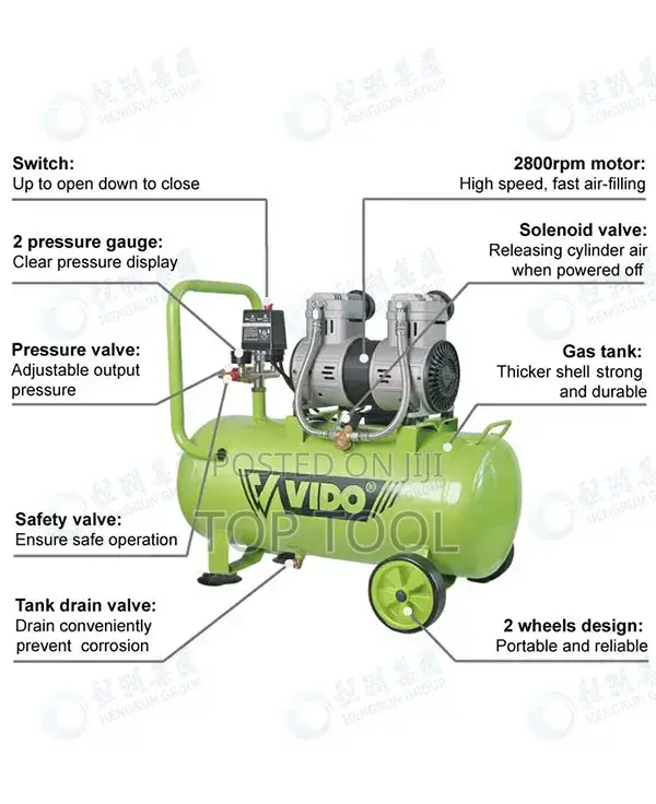 ,Vido 50 ሊትር ጸጥተኛ (Silent) ዘይት የማይጠቀም (Oil-Free) የአየር ኮምፕሬሰር