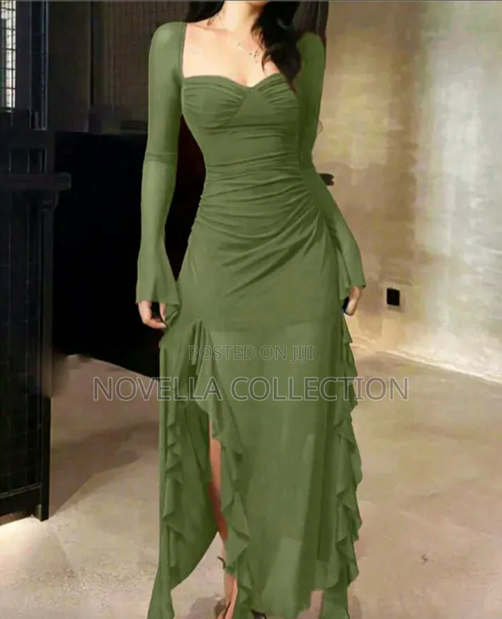 Women's Elegant Casual Ruffle Trim Long Sleeve Mesh Dress Spring