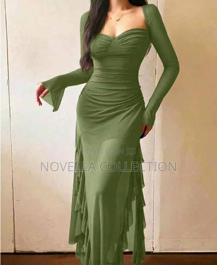 Women's Elegant Casual Ruffle Trim Long Sleeve Mesh Dress Spring