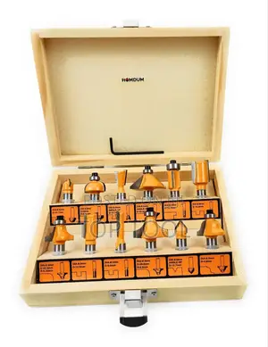 ,Ingco 12-Piece Router Bit Set Packaged in a Wooden Storage Case.