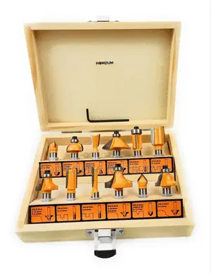 ,Ingco 12-Piece Router Bit Set Packaged in a Wooden Storage Case.