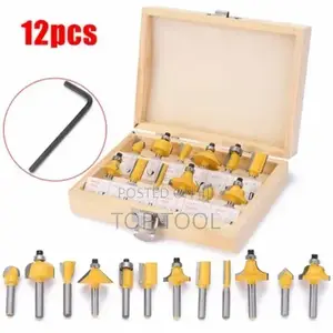 ,Ingco 12-Piece Router Bit Set Packaged in a Wooden Storage Case.