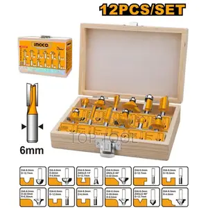 ,Ingco 12-Piece Router Bit Set Packaged in a Wooden Storage Case.