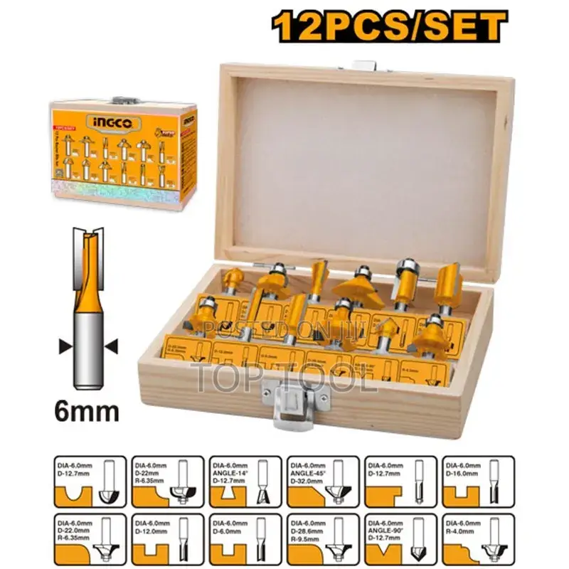 ,Ingco 12-Piece Router Bit Set Packaged in a Wooden Storage Case.