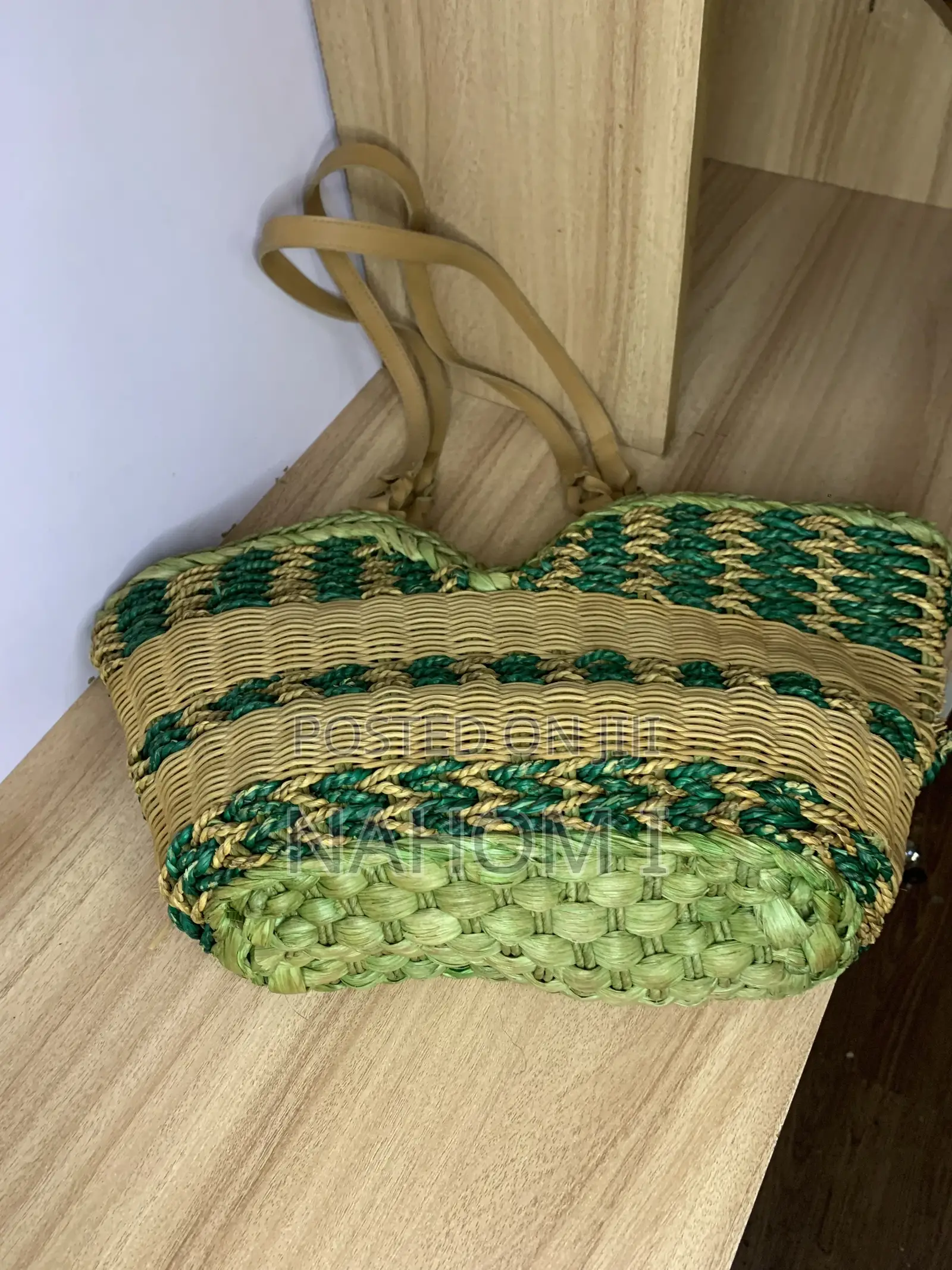 Handwoven Green and Yellow Straw Tote Bag