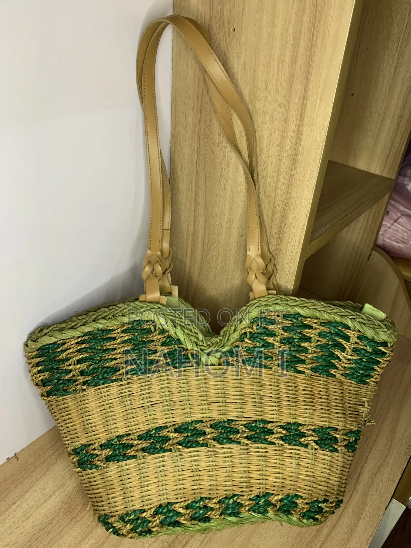 Handwoven Green and Yellow Straw Tote Bag