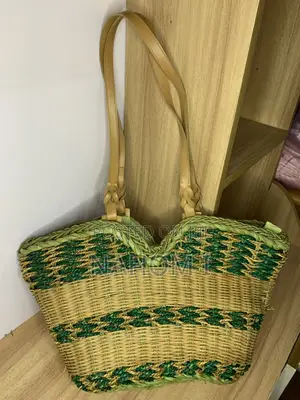 Handwoven Green and Yellow Straw Tote Bag
