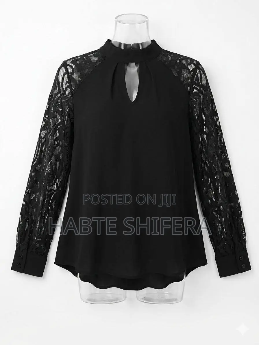 Elegant Black High-Neck Blouse With Lace Sleeves