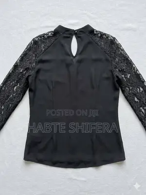 Elegant Black High-Neck Blouse With Lace Sleeves