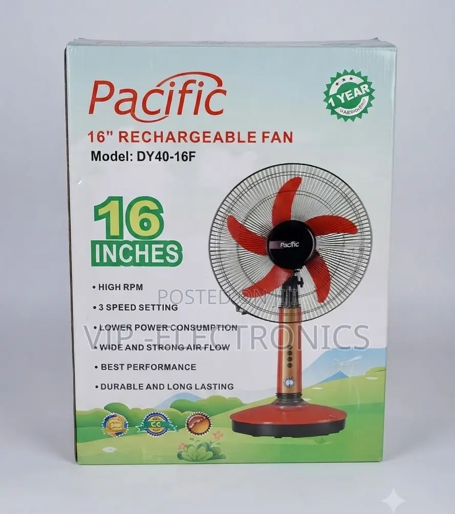 Pacific 16-Inch Rechargeable Desk Table Fan Designed for Powerful