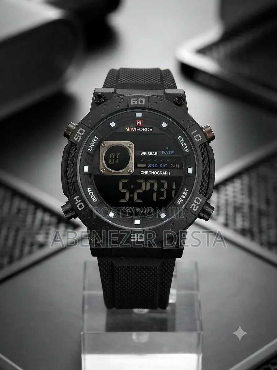 This Black Naviforce
Textured Silicone Strap and a Digital LCD Display