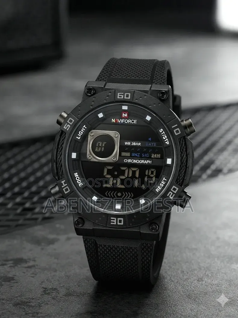 This Black Naviforce
Textured Silicone Strap and a Digital LCD Display