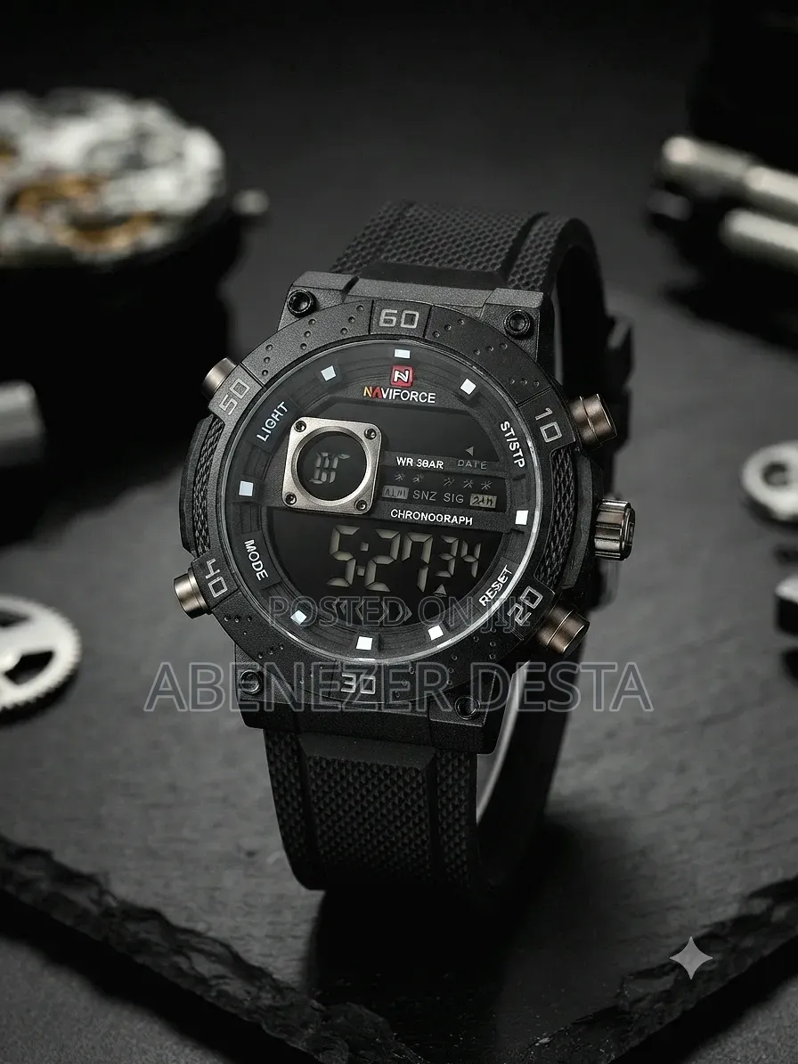 This Black Naviforce
Textured Silicone Strap and a Digital LCD Display
