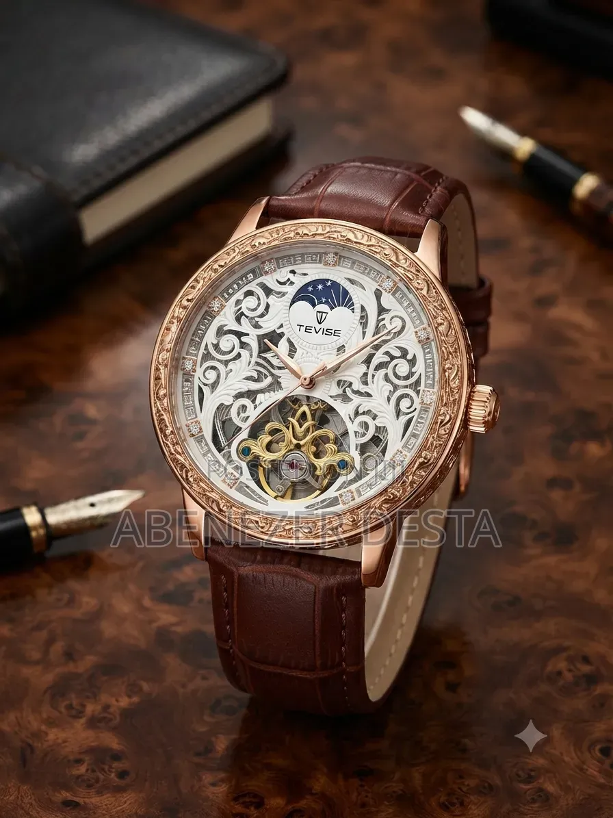 Tevise T890A Watch Rose Gold Skeleton Dial and a Brown Leather