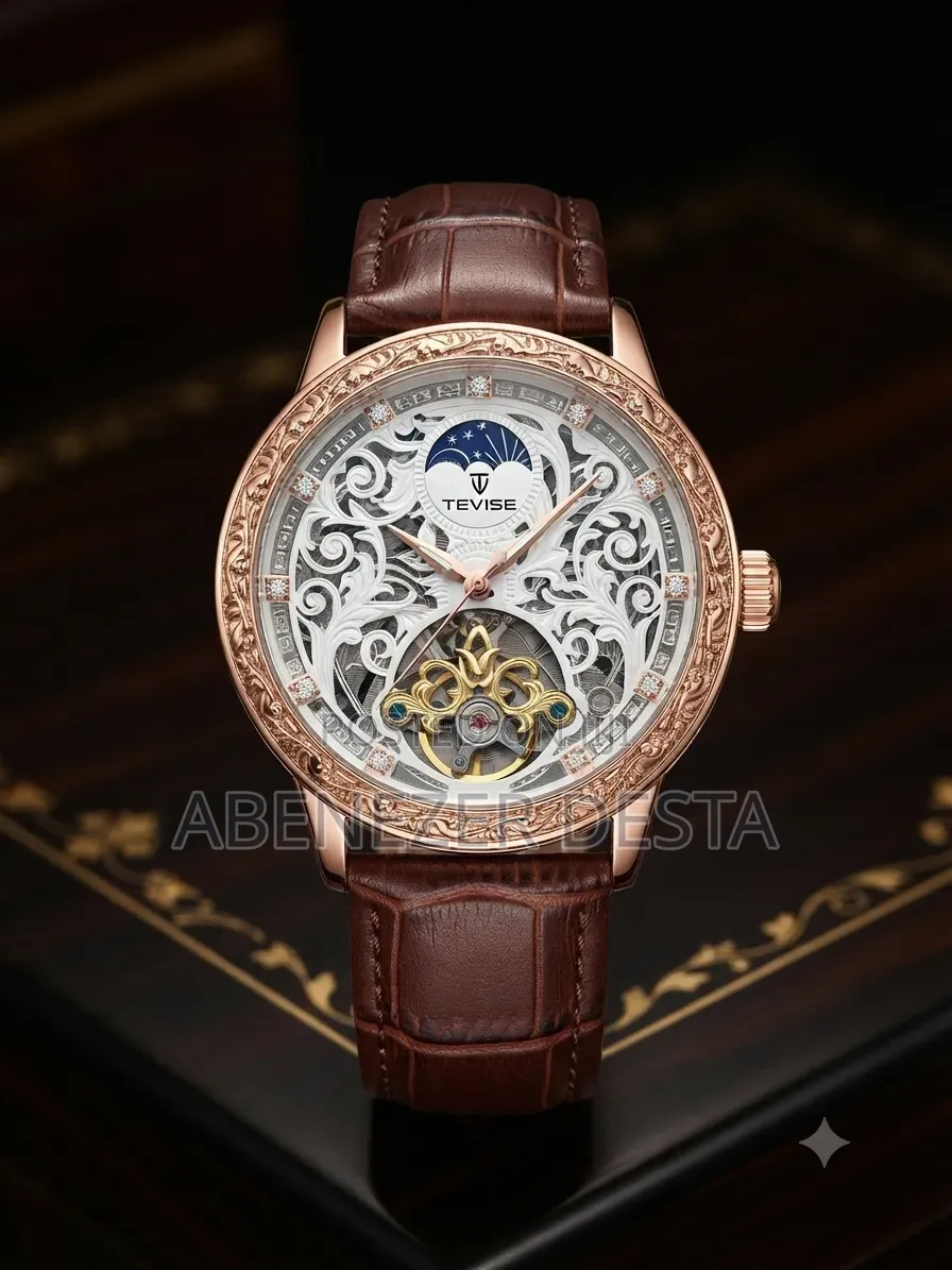 Tevise T890A Watch Rose Gold Skeleton Dial and a Brown Leather