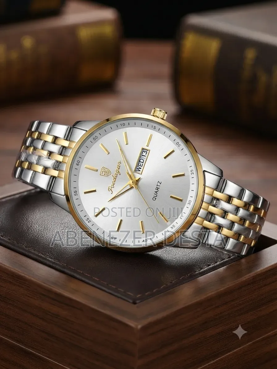 Poedagar Two-Tone Stainless Steel Men's Watch Features a White Dial