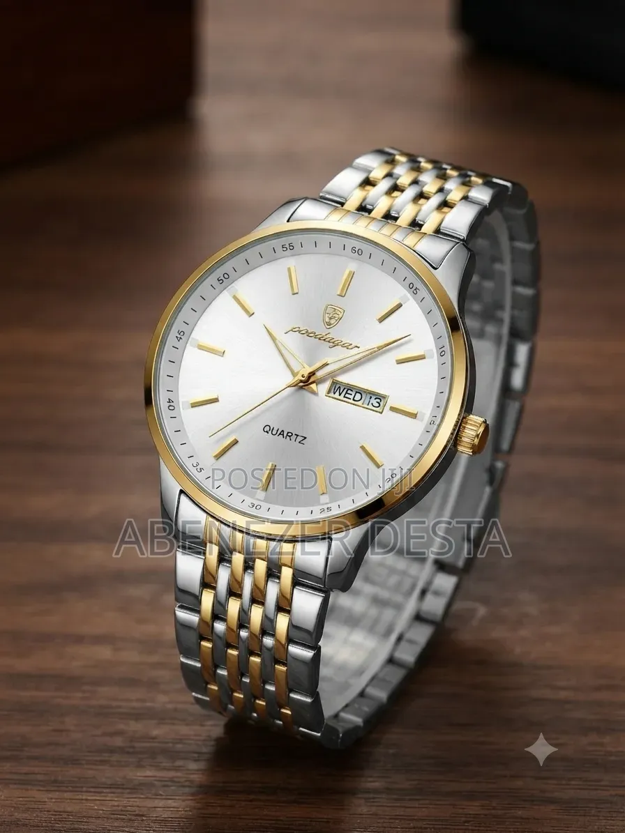 Poedagar Two-Tone Stainless Steel Men's Watch Features a White Dial