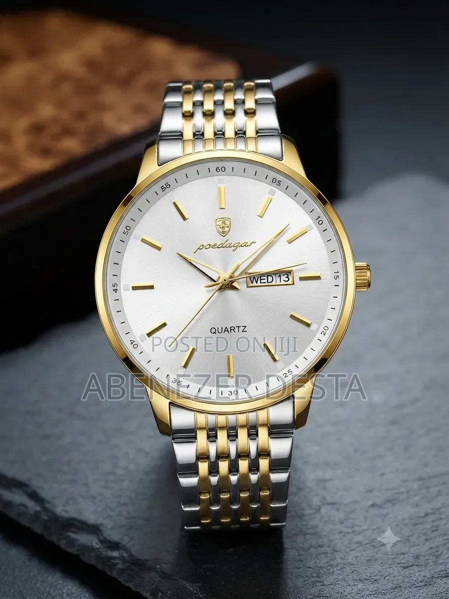 Poedagar Two-Tone Stainless Steel Men's Watch Features a White Dial