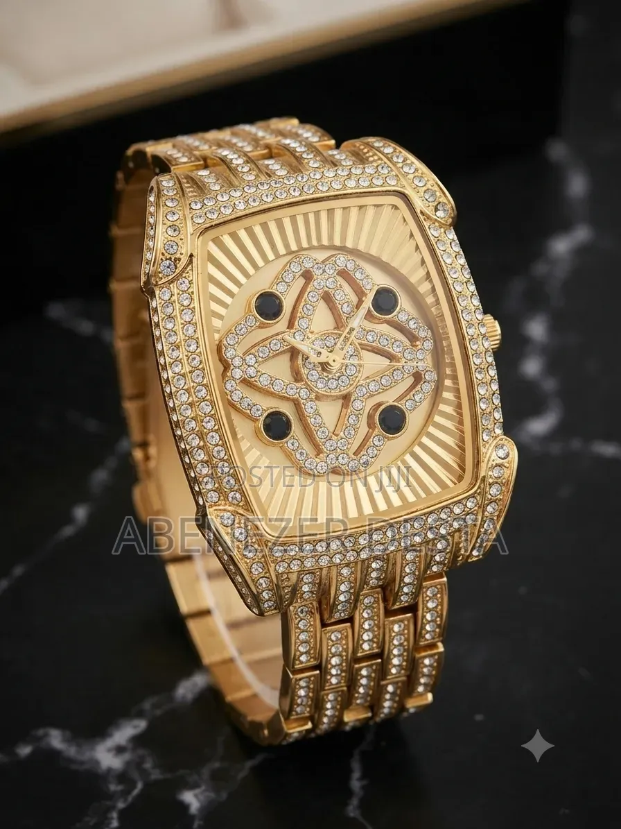 Gold-Tone Iced Out Wristwatch Features a Diamond-Encrusted