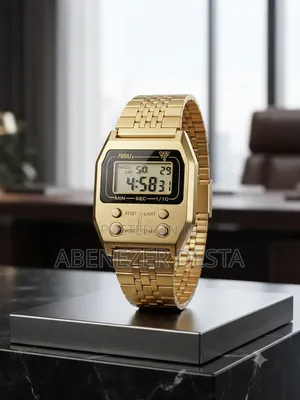 Gold-Tone Digital Watchstainless Steel Strap Retro-Style Polygon Case