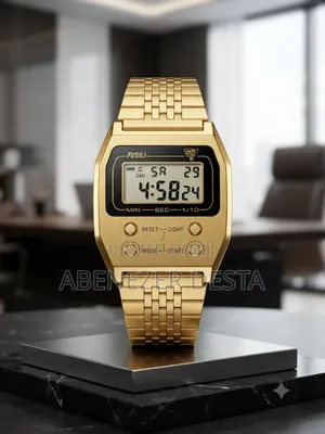 Gold-Tone Digital Watchstainless Steel Strap Retro-Style Polygon Case