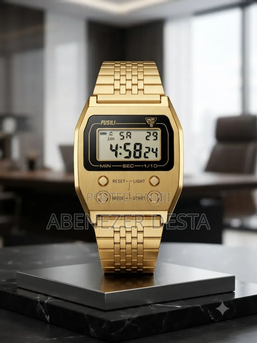 Gold-Tone Digital Watchstainless Steel Strap Retro-Style Polygon Case