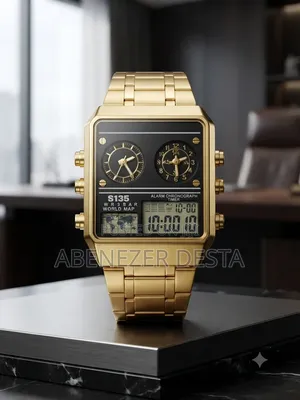Watch Featuring a Prominent Gold-Toned Stainless Steel Band and Case.