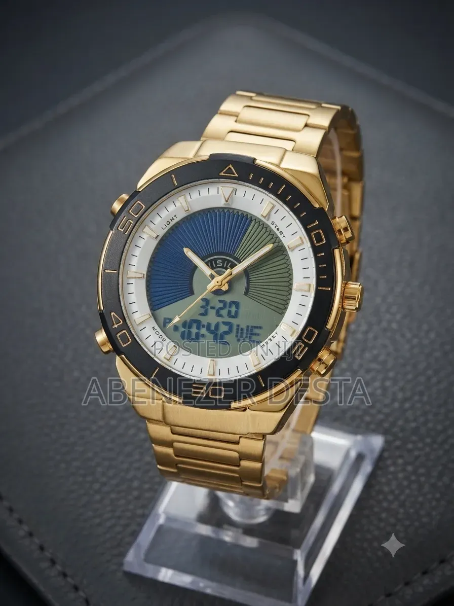 Gold-Toned Analog-Digital Wristwatch Appears to Be a Dual-Time Model