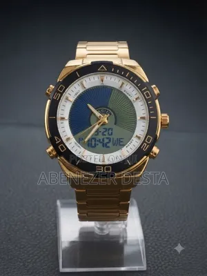 Gold-Toned Analog-Digital Wristwatch Appears to Be a Dual-Time Model