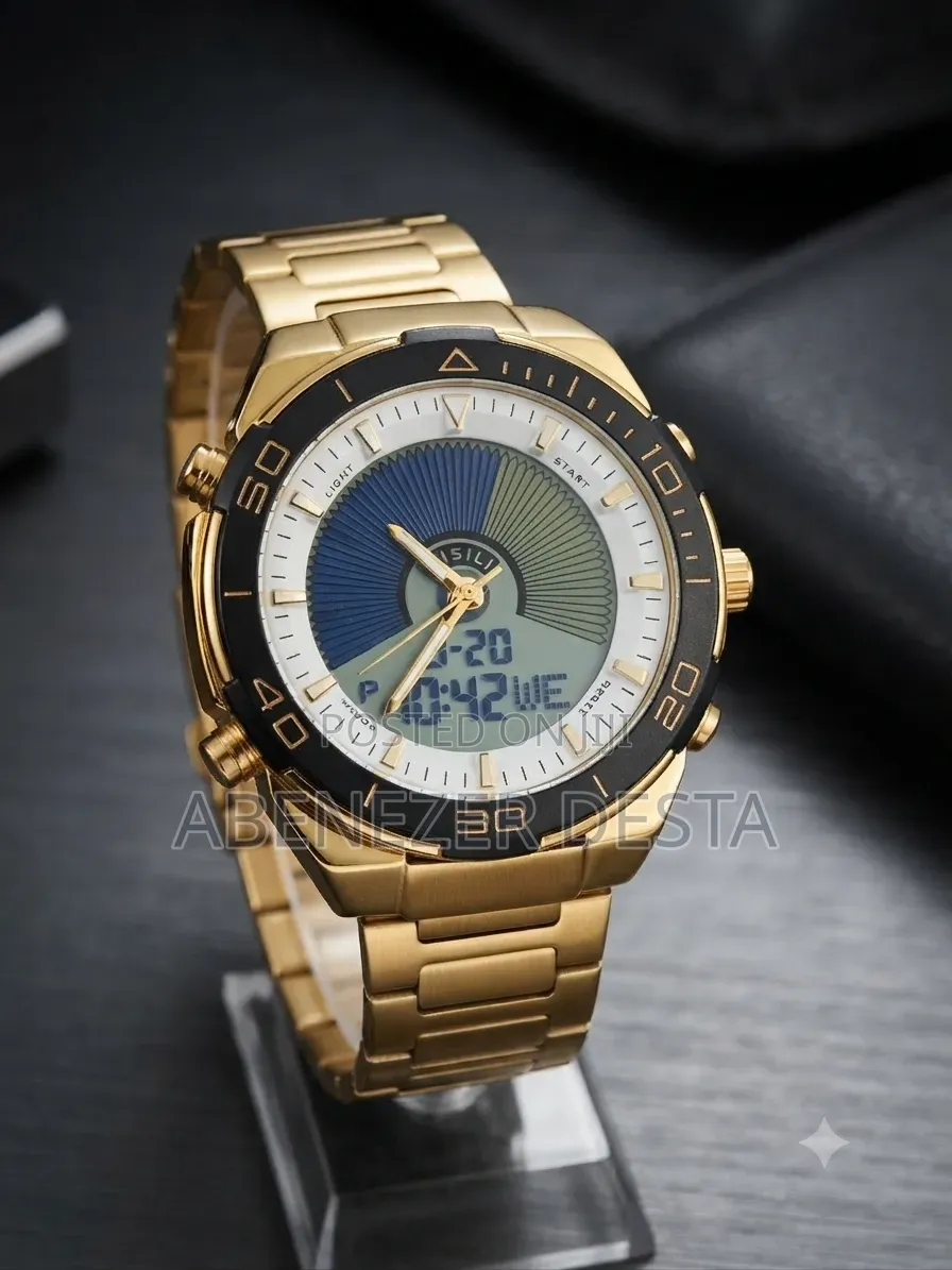 Gold-Toned Analog-Digital Wristwatch Appears to Be a Dual-Time Model
