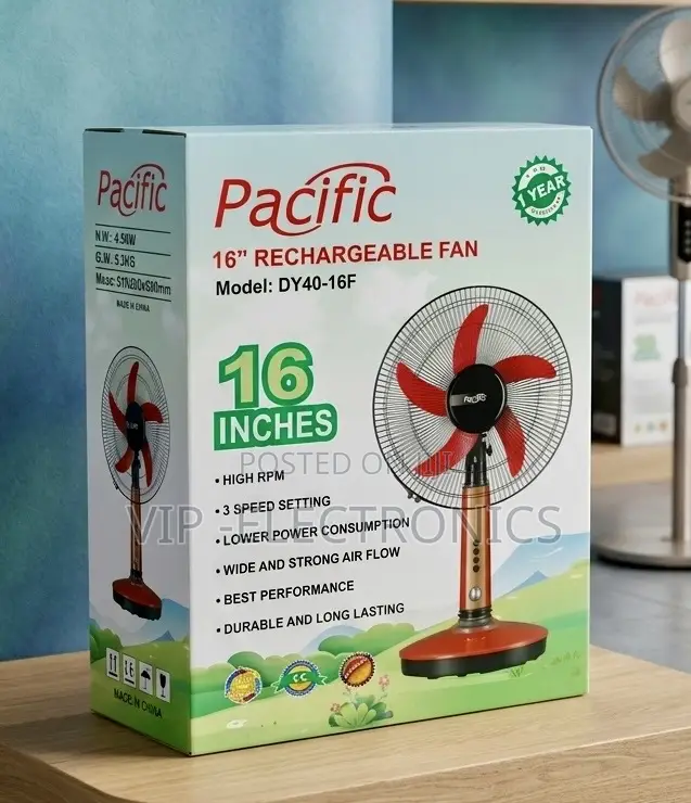 Pacific 16" Rechargeable Pedestal Fan With 3-Speed SHigh RPM Motor