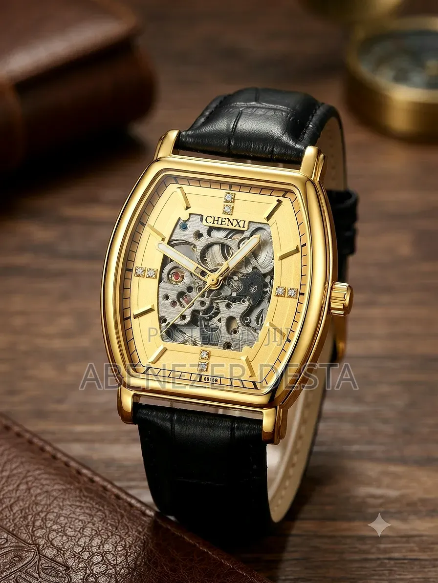 Chenxi Skeleton Dial Mechanicawatch Featuring a Rectangular Gold-Toned