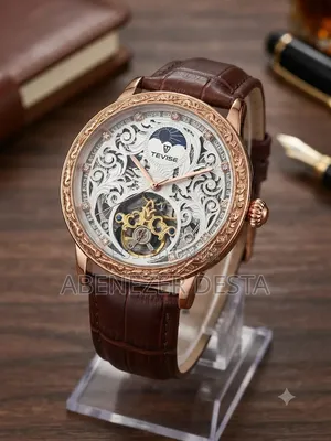 Tevise Mechanical Automatic Watch Rose Gold Case Brown Leather Strap.