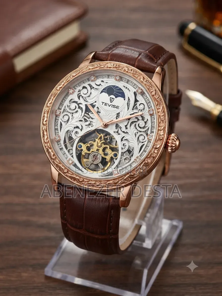 Tevise Mechanical Automatic Watch Rose Gold Case Brown Leather Strap.
