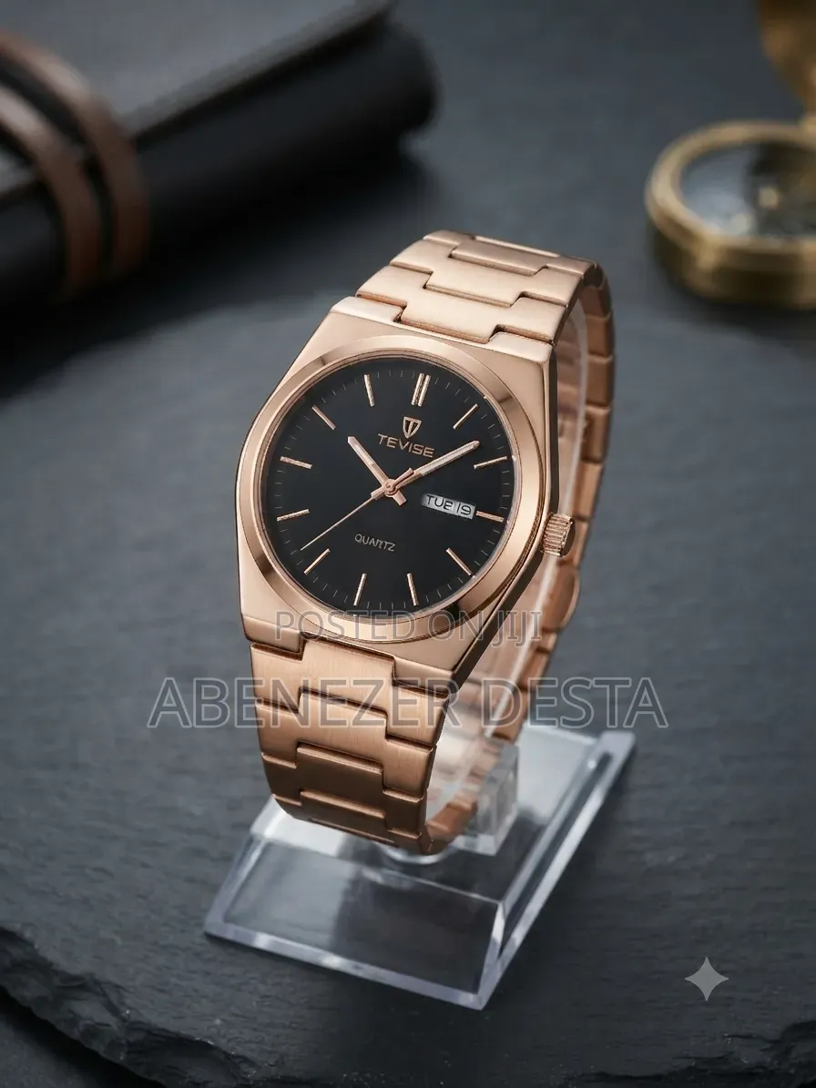 Tevise Quartz Watch Features a Sleek Black Dial With a Rose Gold-Tone