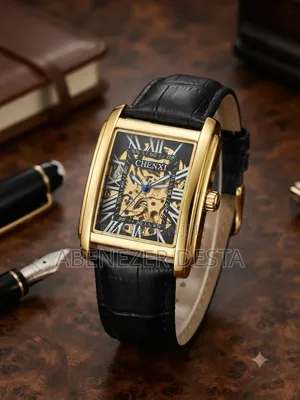 CHENXI Rectangular Wristwatch Gold-Toned Case and a Black Leather