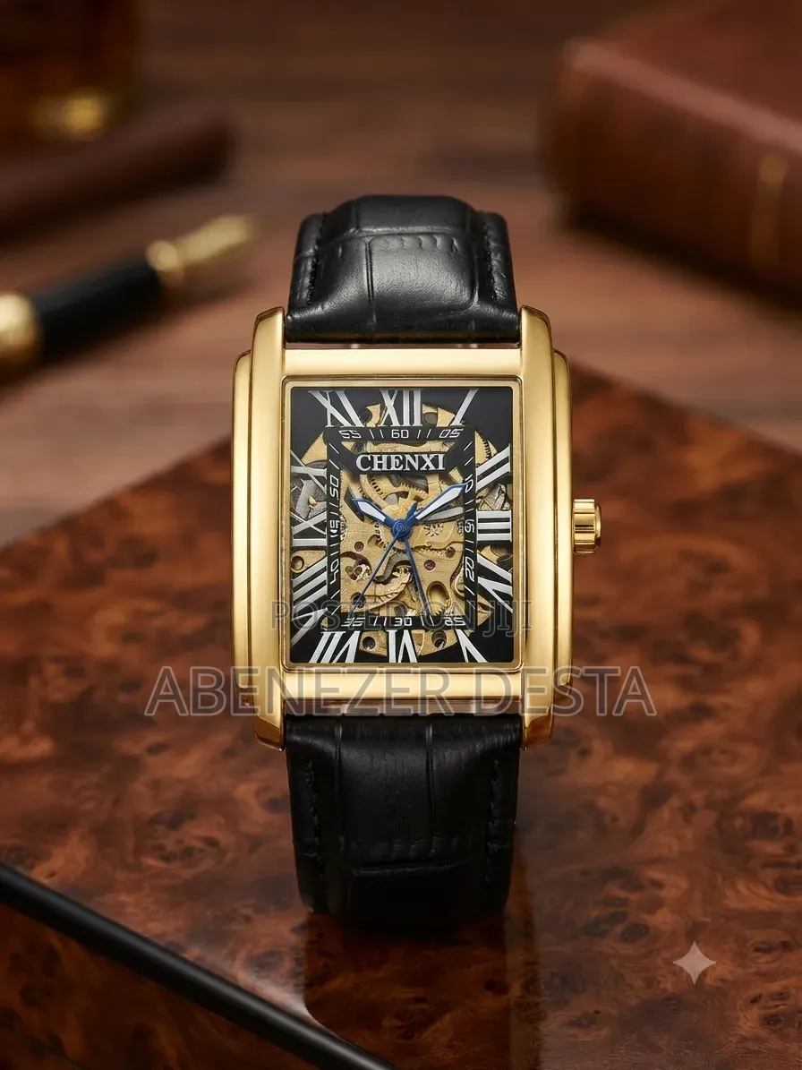 CHENXI Rectangular Wristwatch Gold-Toned Case and a Black Leather